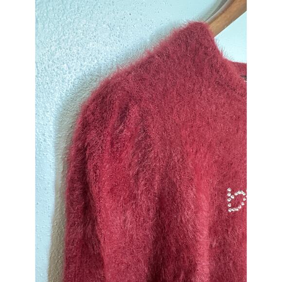 90s Y2K Bebe Fuzzy Sweater M Burgundy Rhinestone Spell-out Going Out Top - Picture 3 of 14